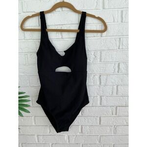 Charmo One Piece Swimsuit Women Large Black NWT Ribbed Cutout UPF 50+